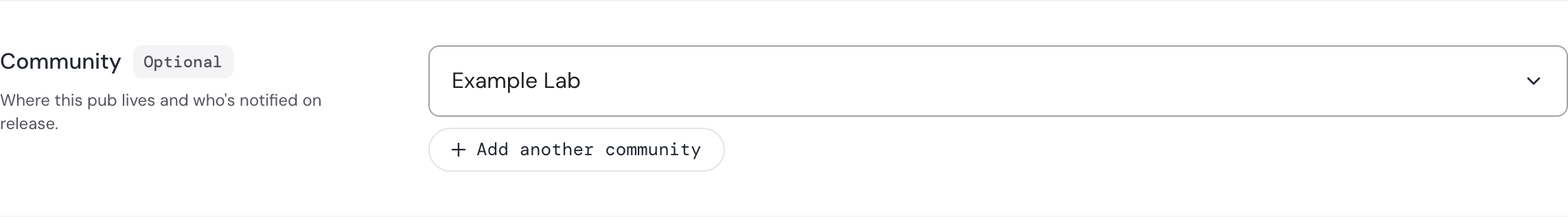 The Community field with Example Lab selected and an Add another community button.