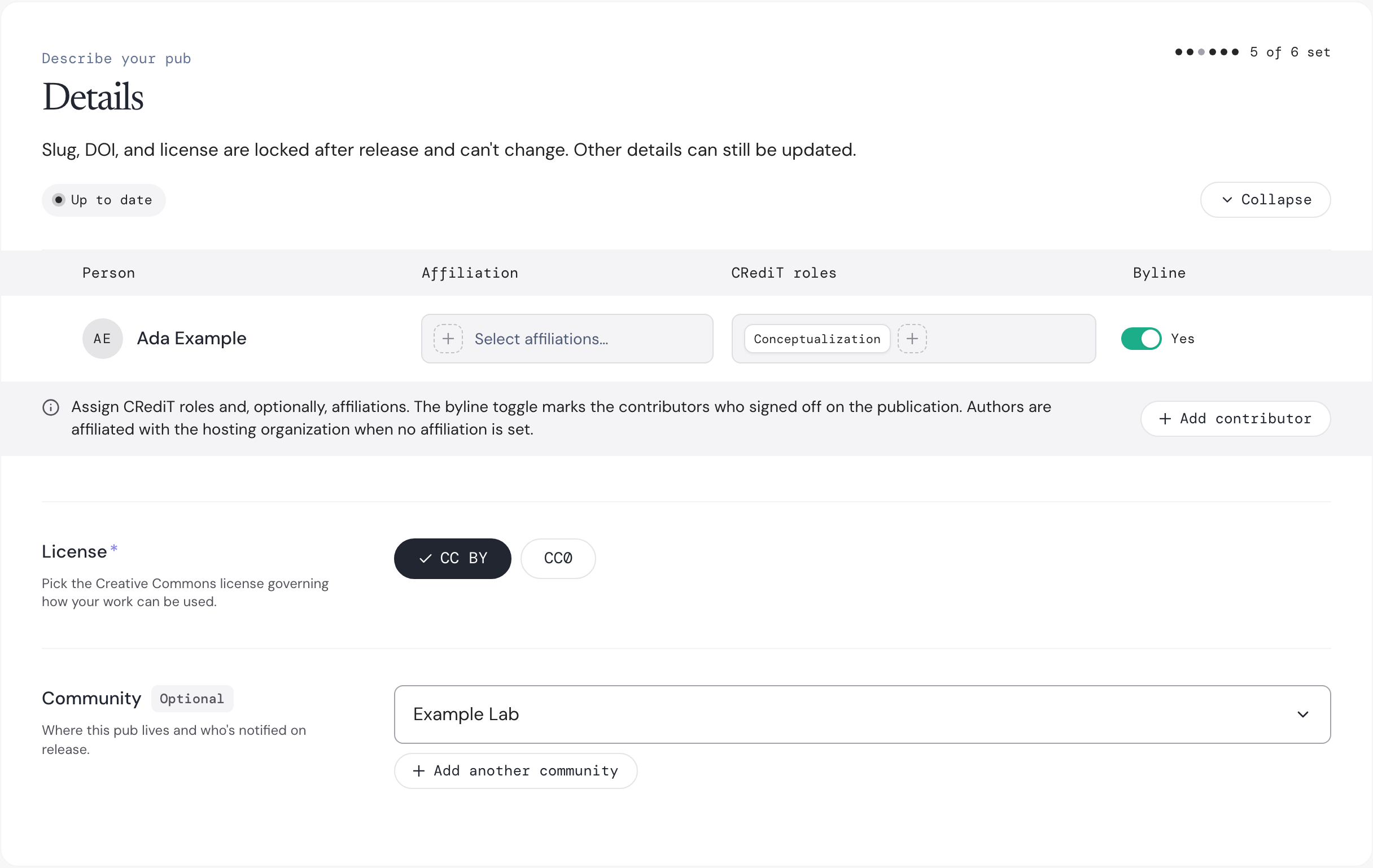 The Details section of a draft, showing the contributors table, the License field and the Community field.
