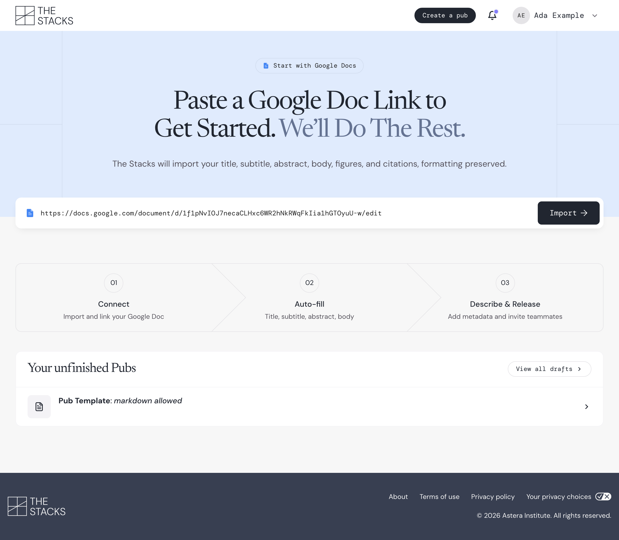 The Create a pub page, with a Google Doc link pasted into the field and an Import button.