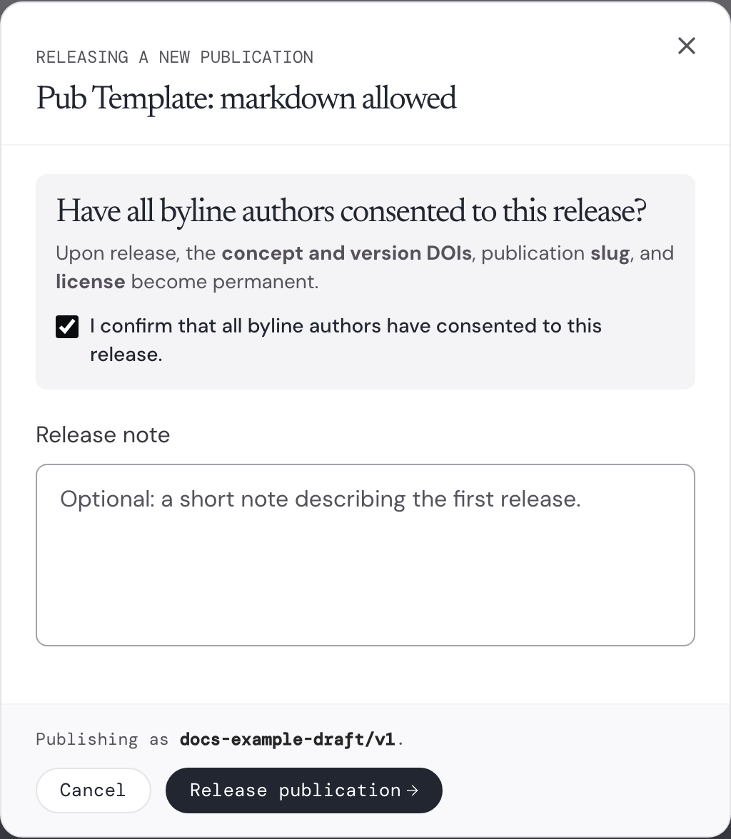 The release dialog, with the consent checkbox ticked, an empty Release note field and a Release publication button.