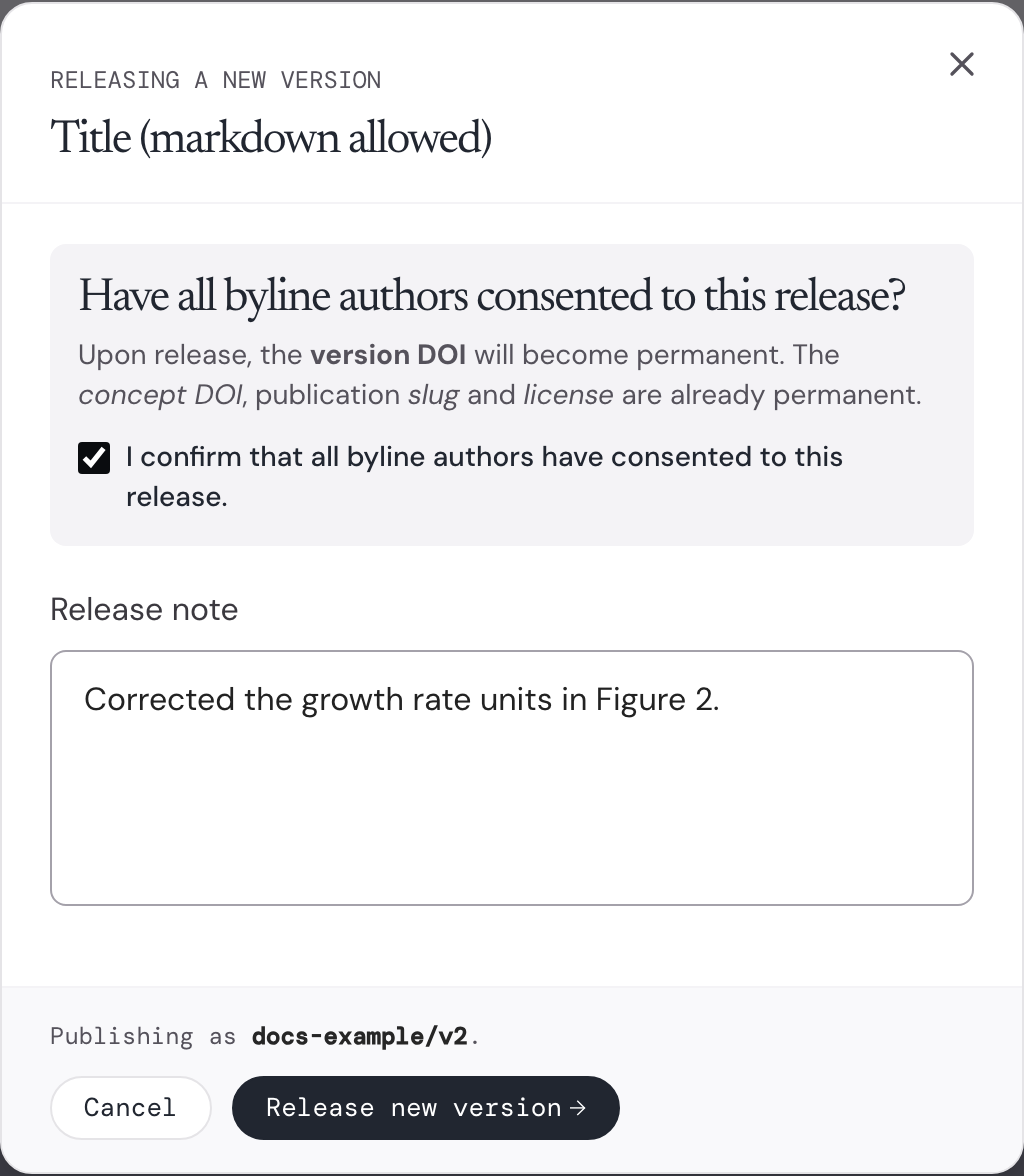 The release dialog for a new version, with the consent checkbox ticked and the release note filled in.